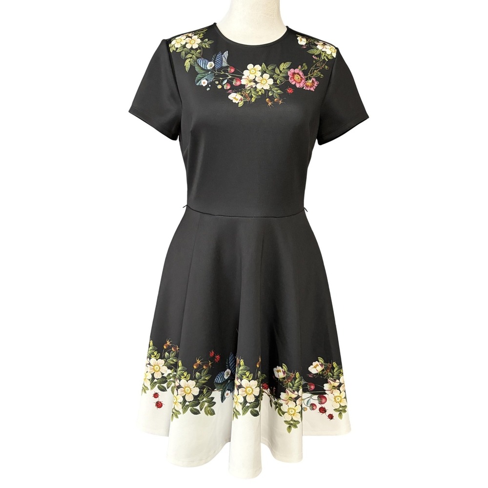 Ted Baker Dress Womens 2 Black Floral Chestna Fit & Flare‎ Short Sleeve Pockets